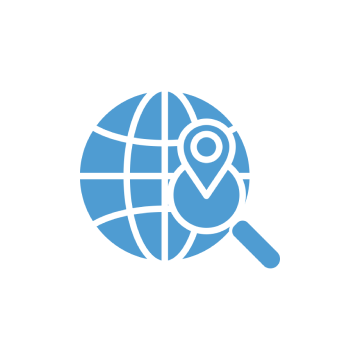 Globe with magnifying glass and map marker.