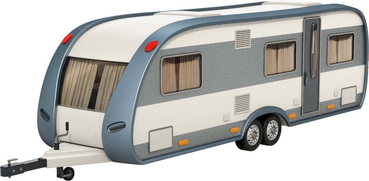 dd A small trailer with two windows and a red button.